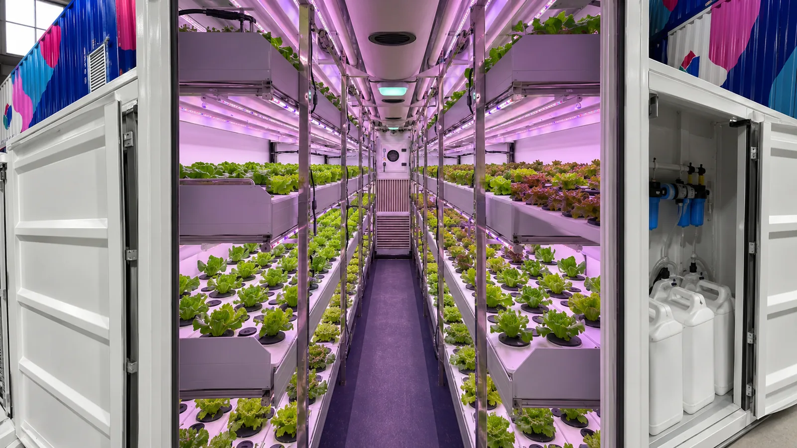 BioCube Container leafy greens with LED lighting and nutrient control cabinet