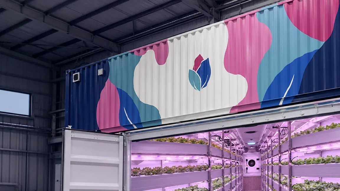 BioCube Container multi-layer leafy green production farm with LED lighting detail view