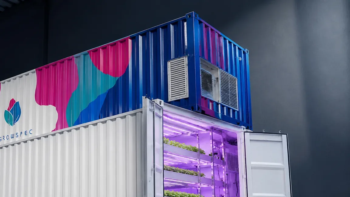 BioCube Container vertical farming system with open indoor growing unit for leafy greens detail view