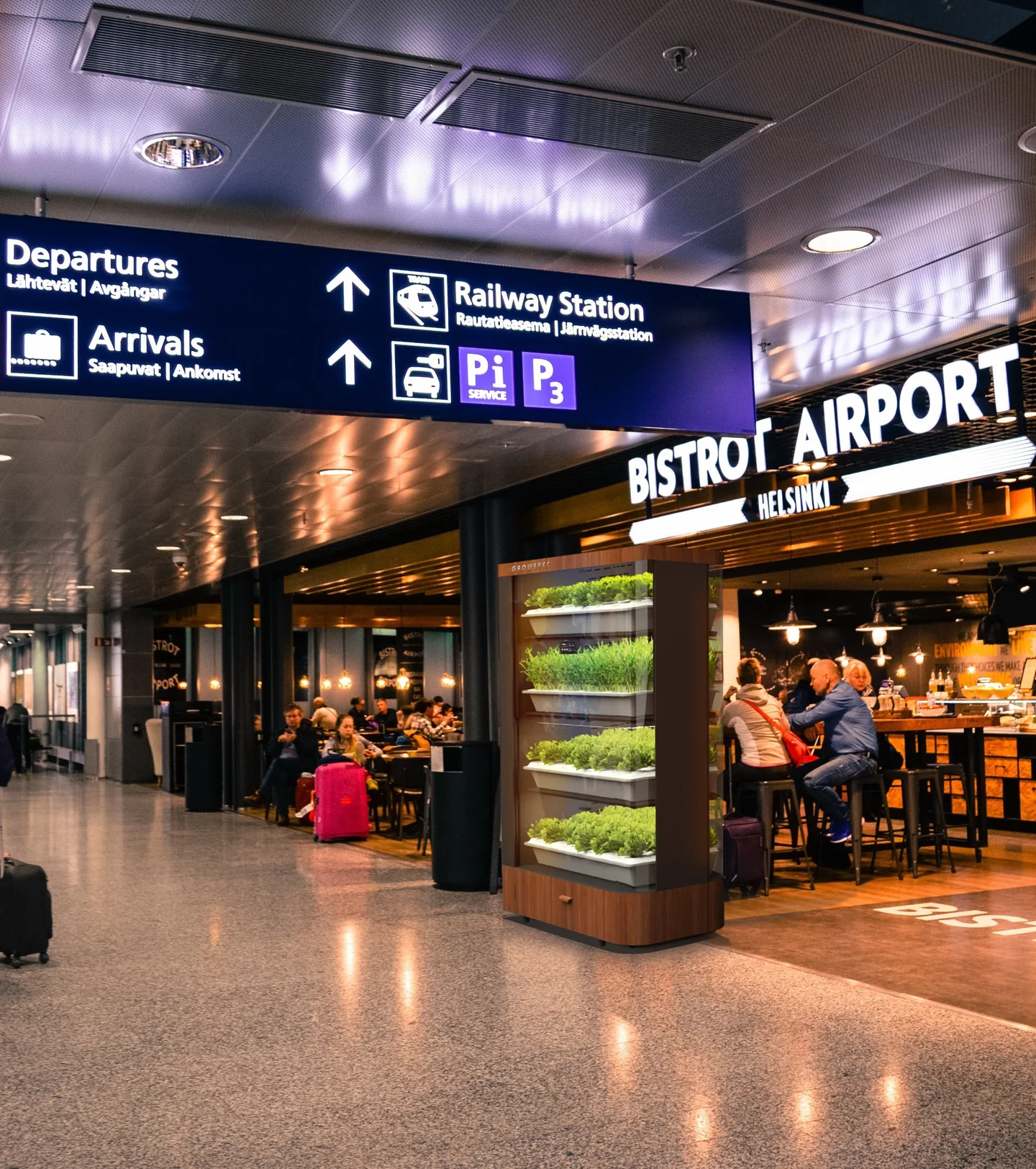 FarmCube Nano aeroponic cabinet in an airport terminal café and dining area
