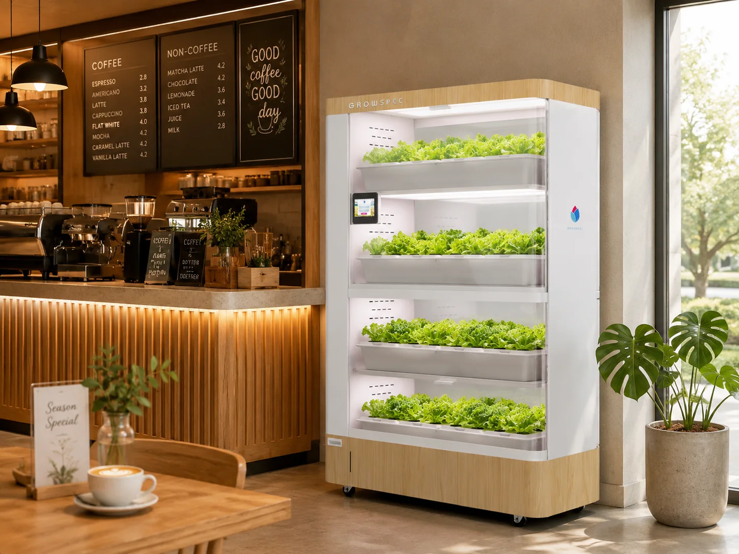 FarmCube Nano aeroponic grow cabinet in a café beside the coffee counter