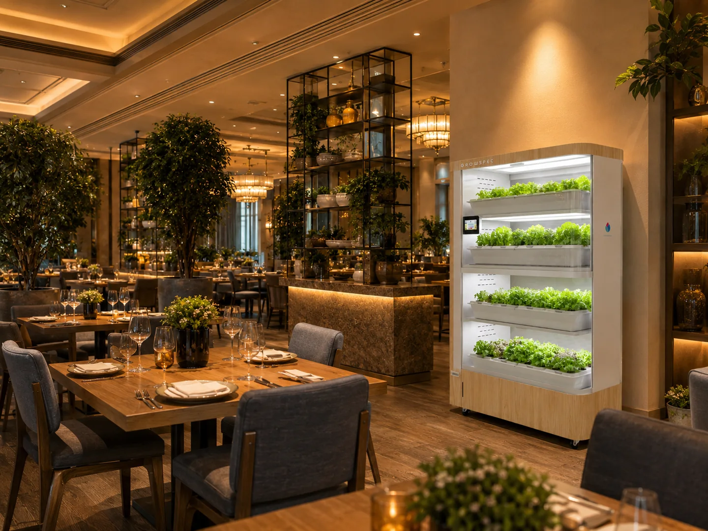 FarmCube Nano aeroponic grow cabinet in an upscale hospitality dining space