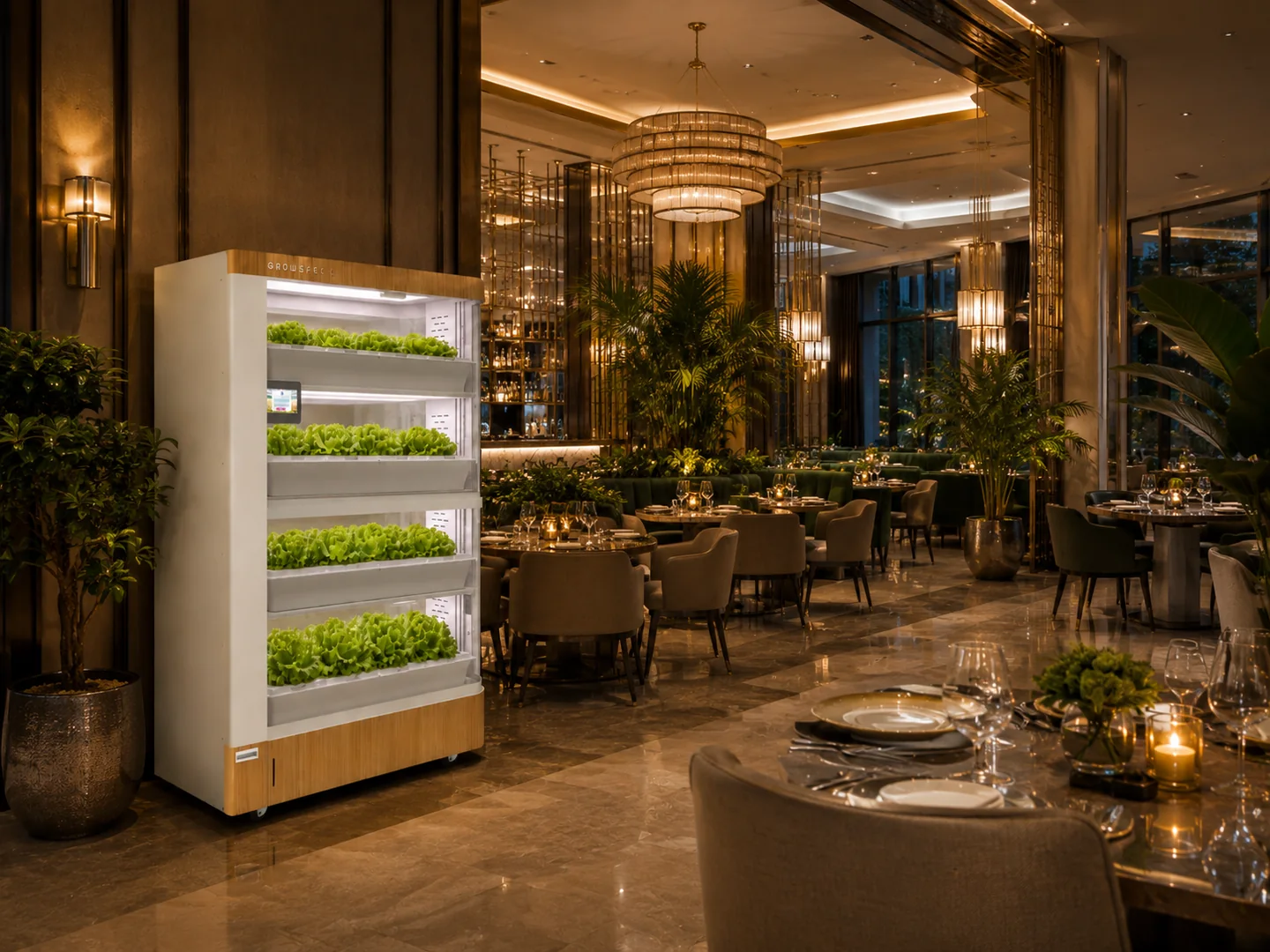 FarmCube Nano fresh greens cabinet in a luxury hotel dining room