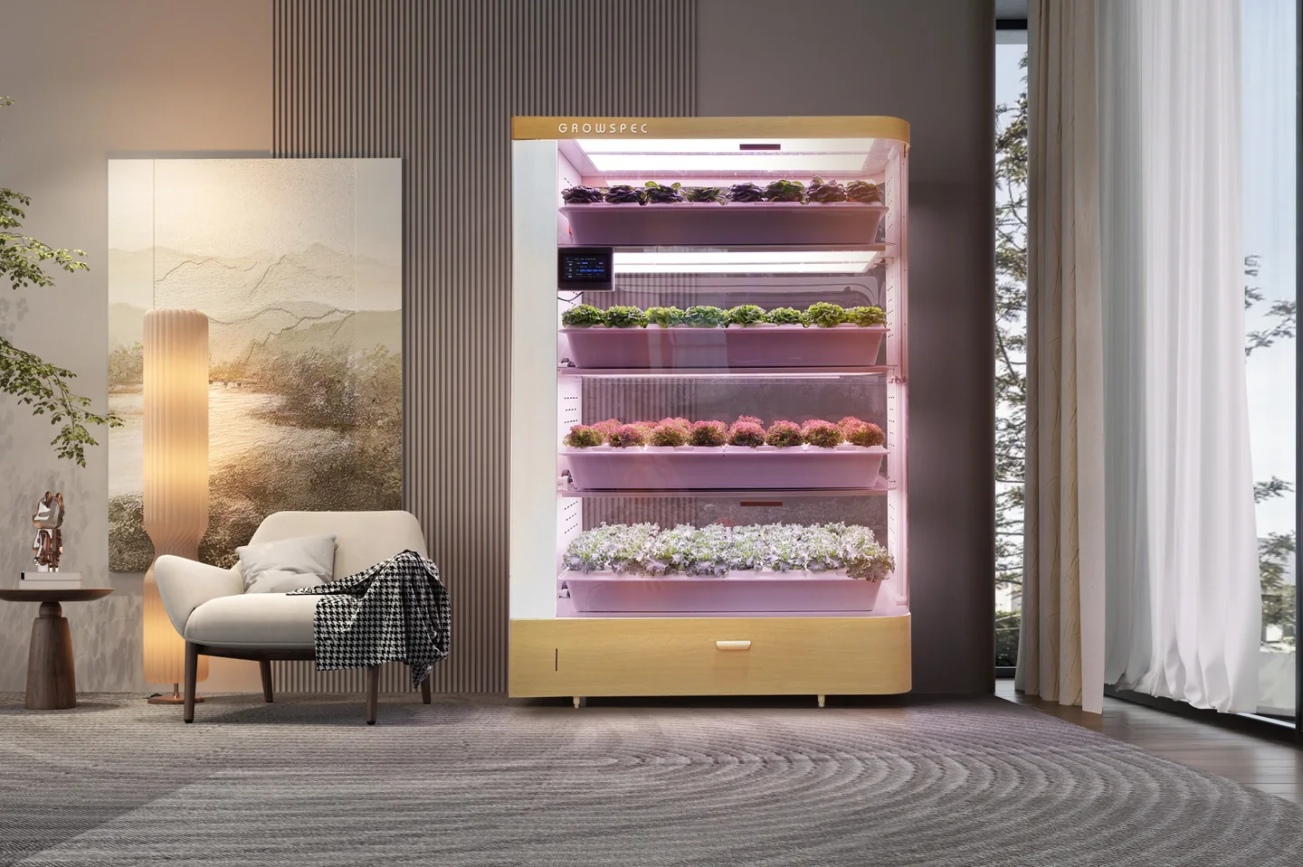 FarmCube Nano fresh herb cabinet in a premium residential interior beside a reading area