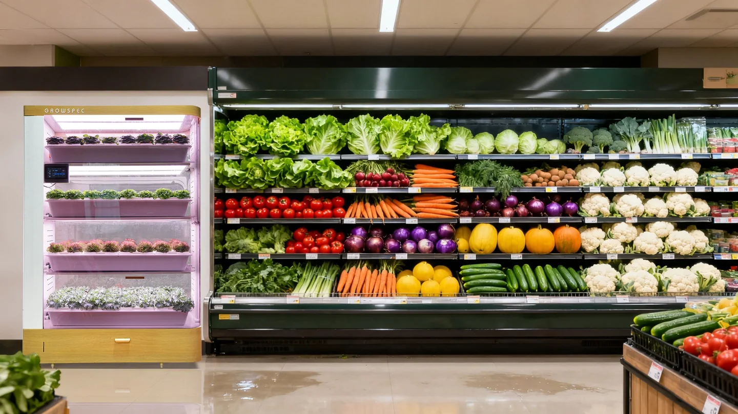 FarmCube Nano fresh produce grow cabinet beside a supermarket vegetable display