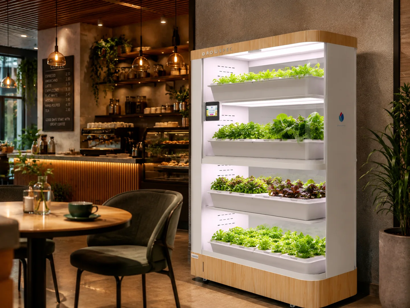 FarmCube Nano herb grow cabinet in a warm café interior