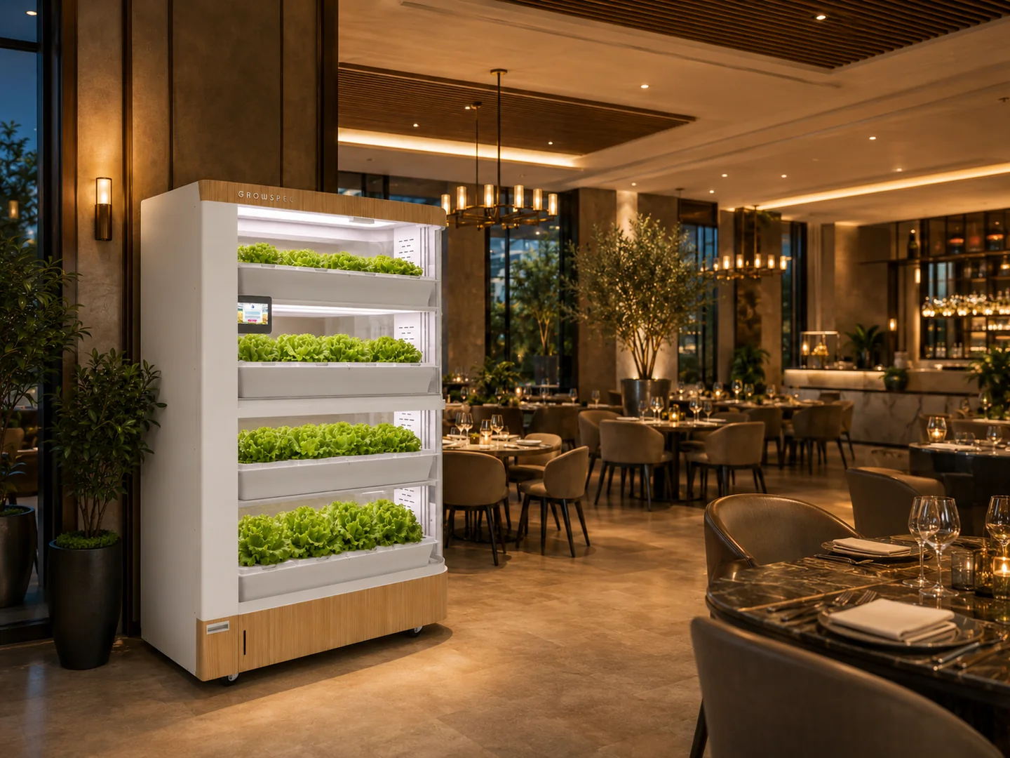 FarmCube Nano indoor farm cabinet at the entrance to a hotel restaurant