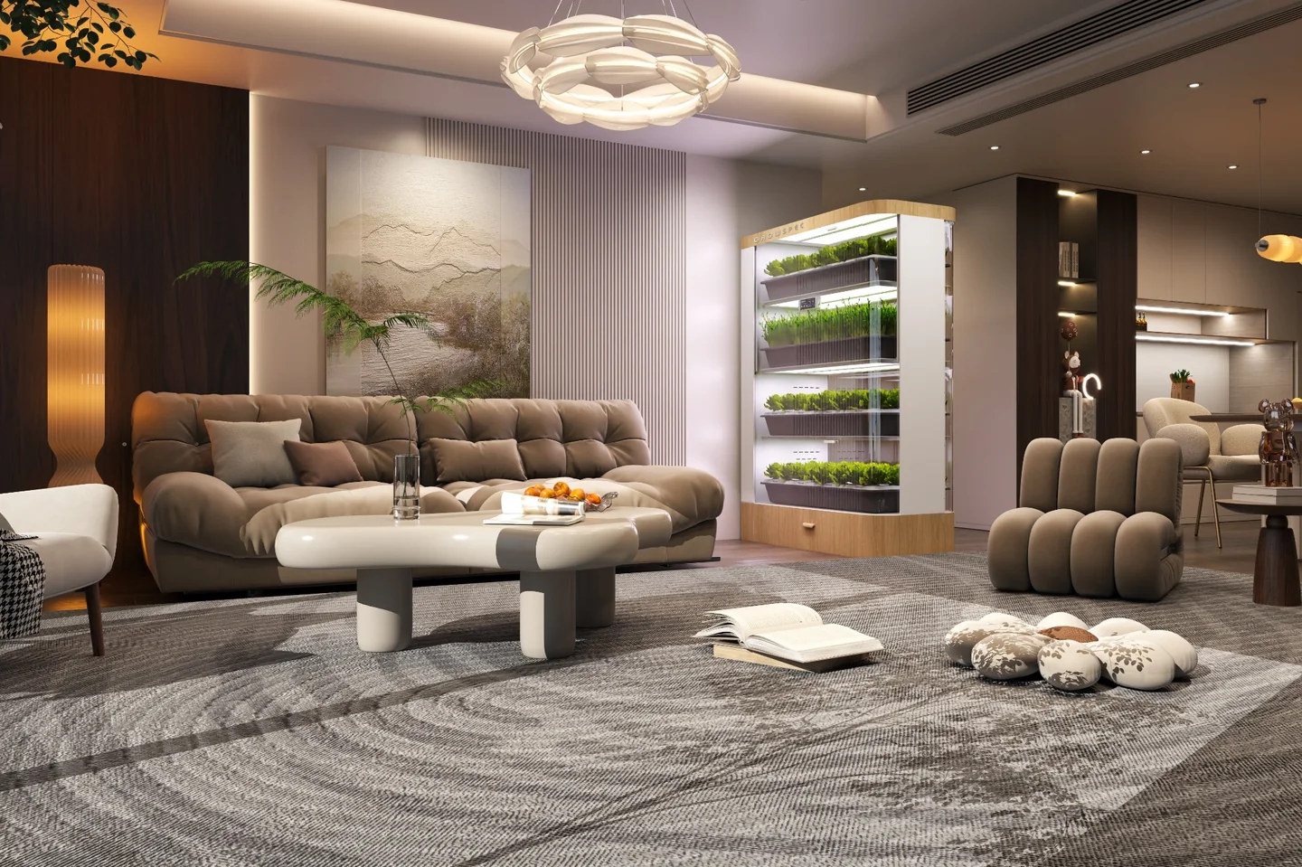FarmCube Nano indoor garden cabinet in a premium open-plan living room