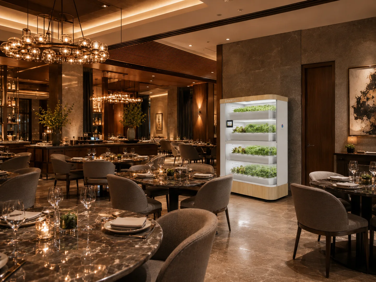 FarmCube Nano indoor grow cabinet in a luxury fine-dining restaurant