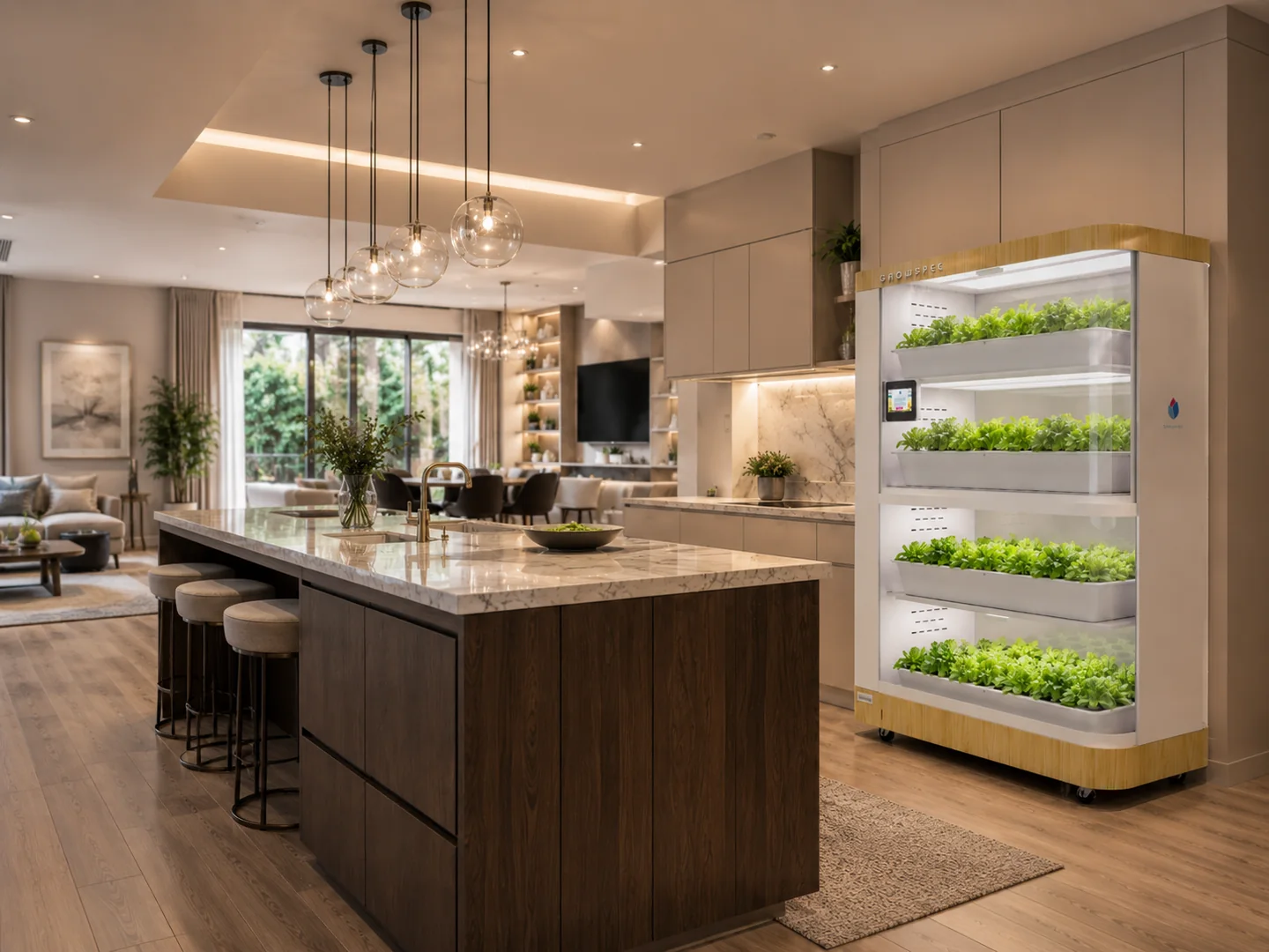 FarmCube Nano indoor grow cabinet integrated into a premium open-plan home kitchen