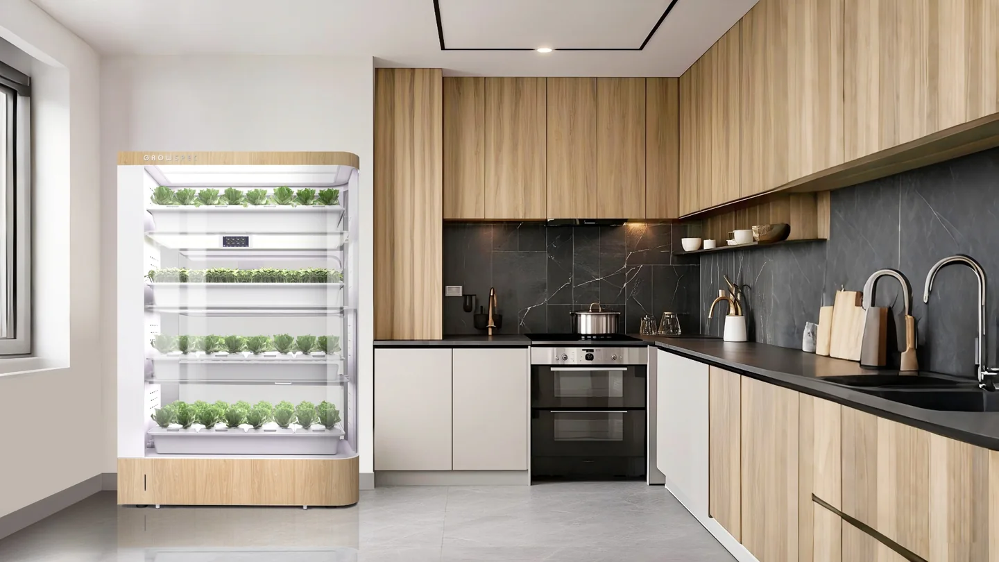 FarmCube Nano leafy greens cabinet in a modern home kitchen and dining room