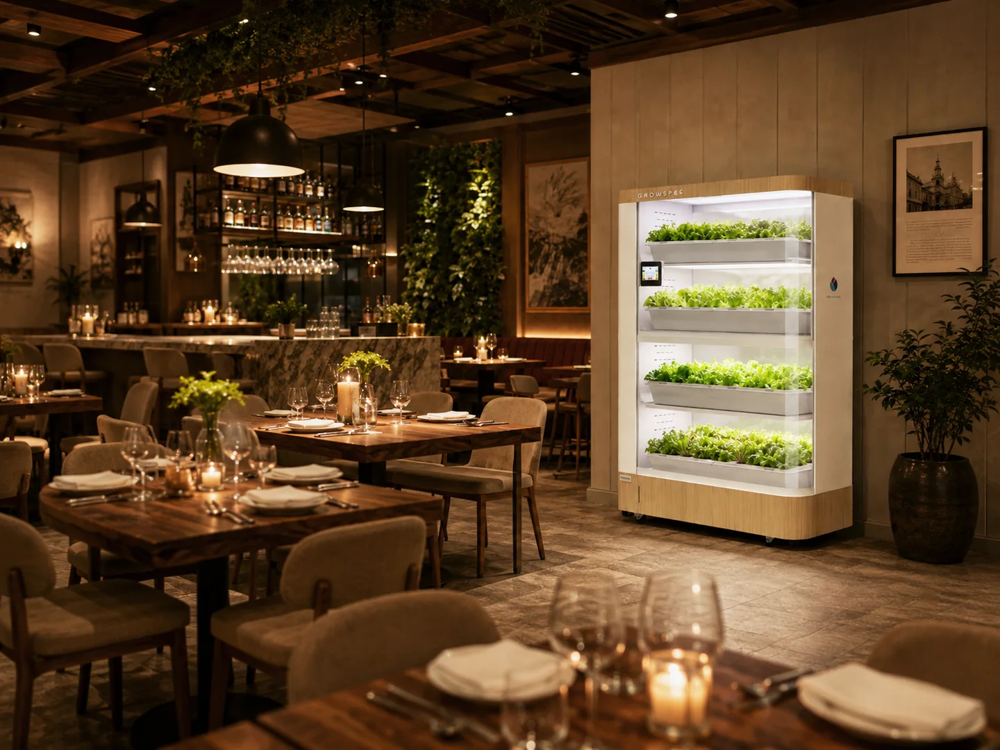 FarmCube Nano leafy greens cabinet in a premium restaurant dining room