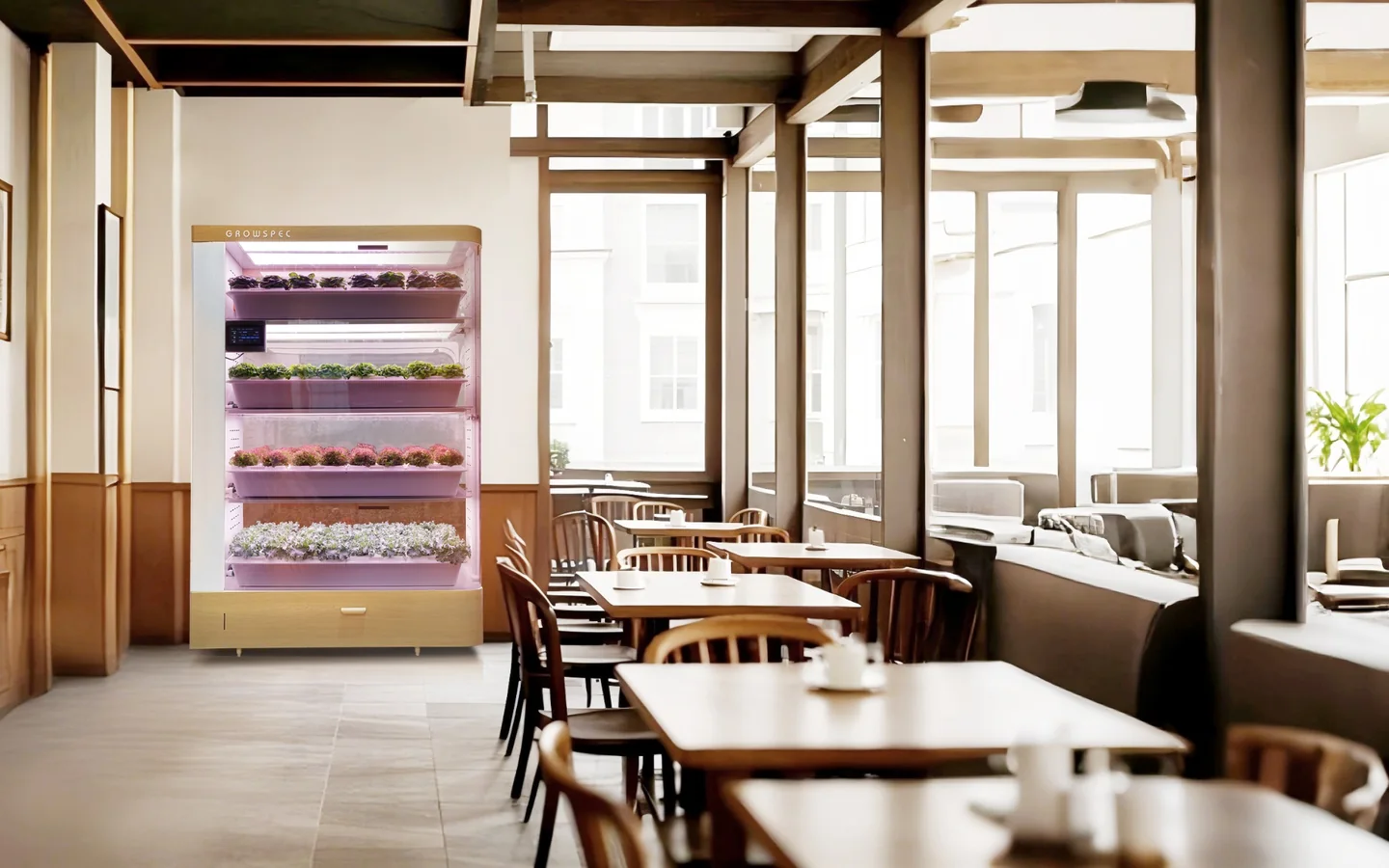 FarmCube Nano microgreens cabinet in a bright café dining area
