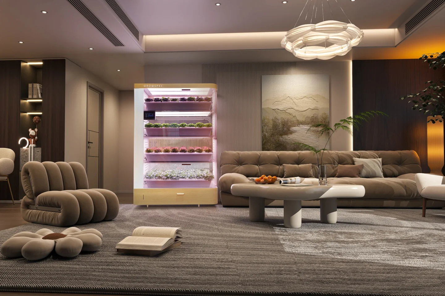 FarmCube Nano microgreens grow cabinet in a modern living room interior