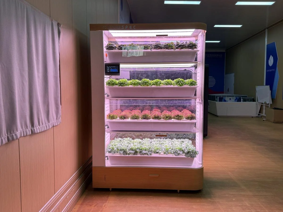 FarmCube Nano indoor grow cabinet with four growing tiers and wood-grain finish