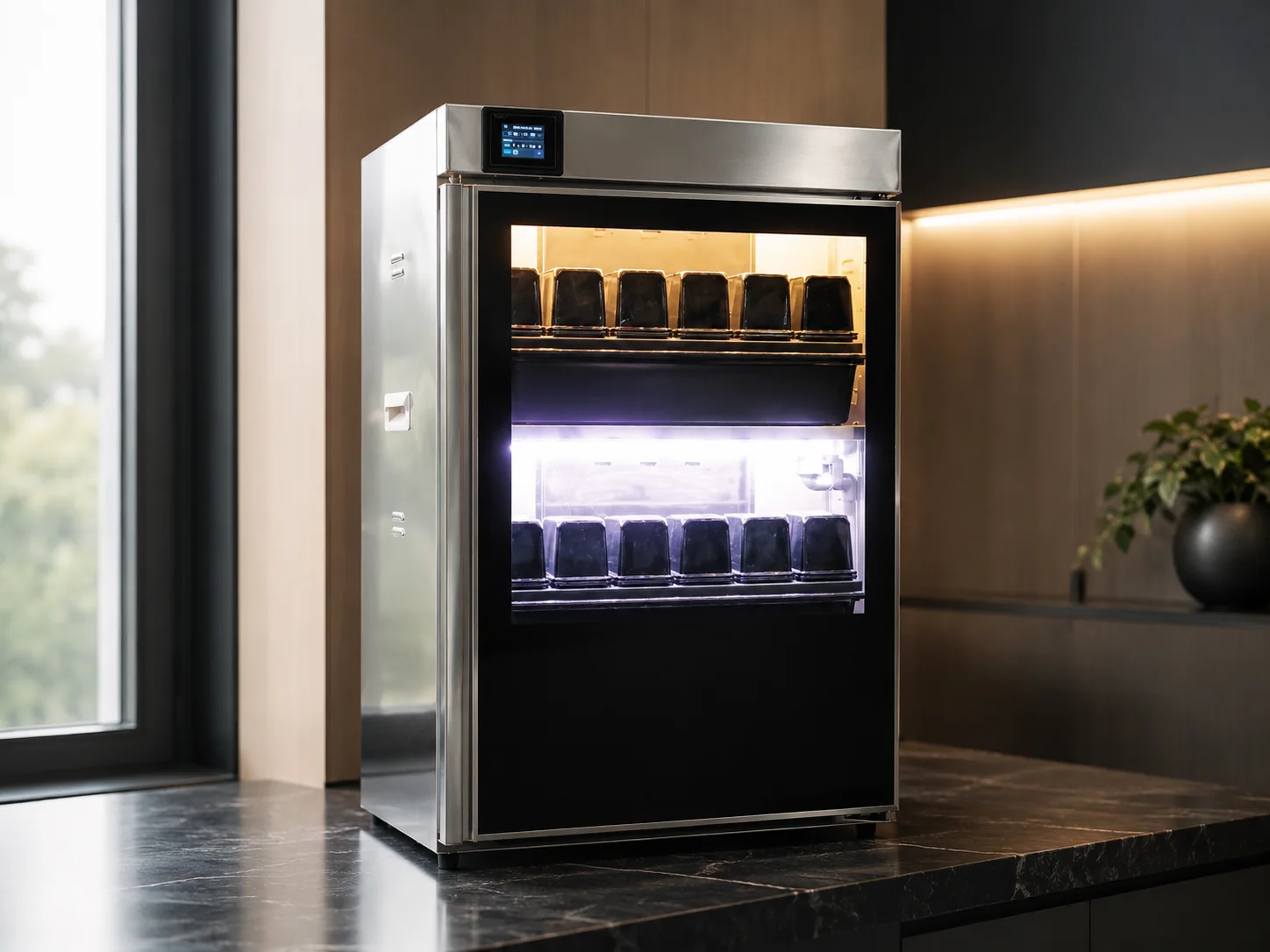 FarmCube Neo 2T compact countertop microgreens growing cabinet in a premium kitchen