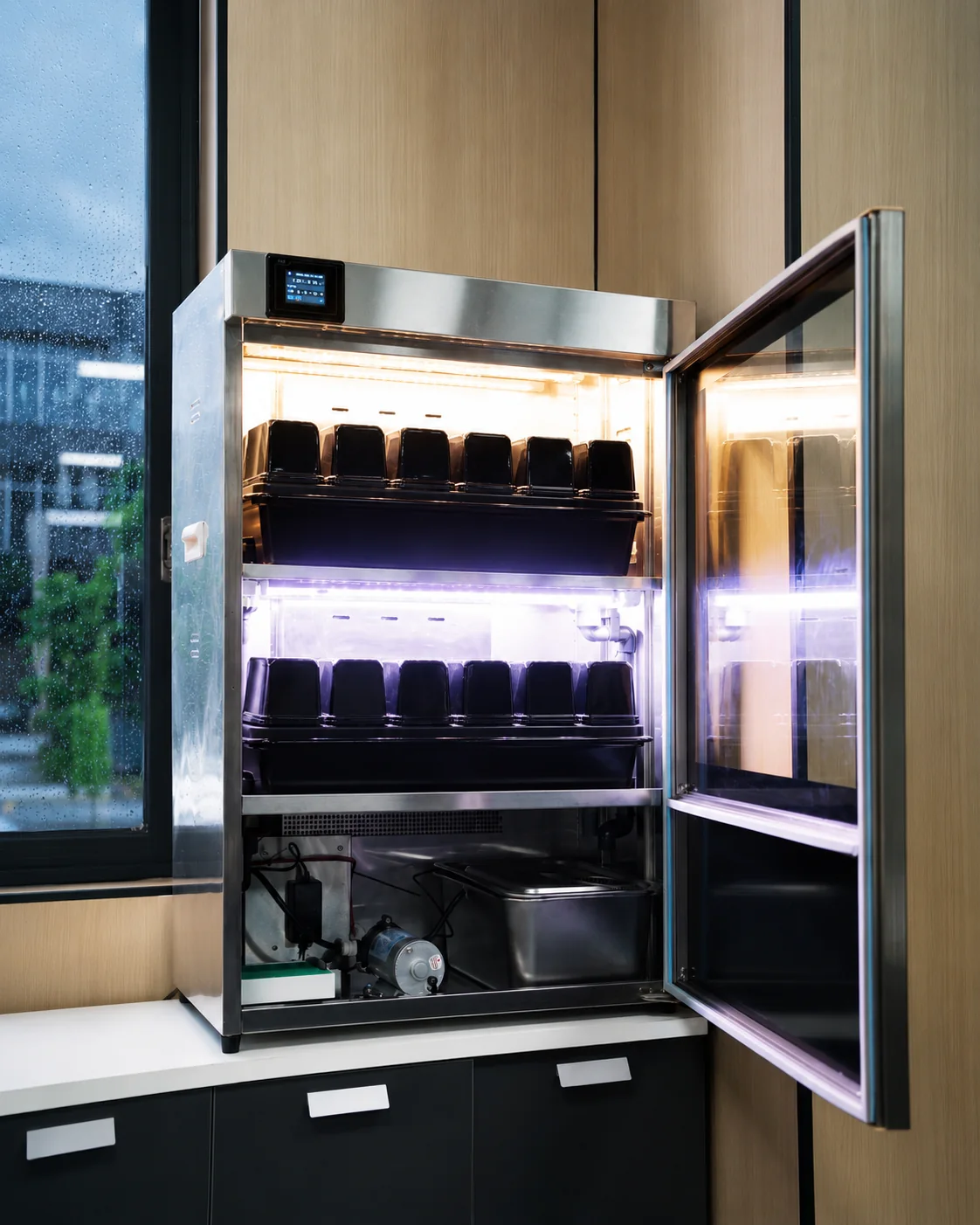 Open FarmCube Neo 2T cabinet showing microgreens trays and internal irrigation equipment
