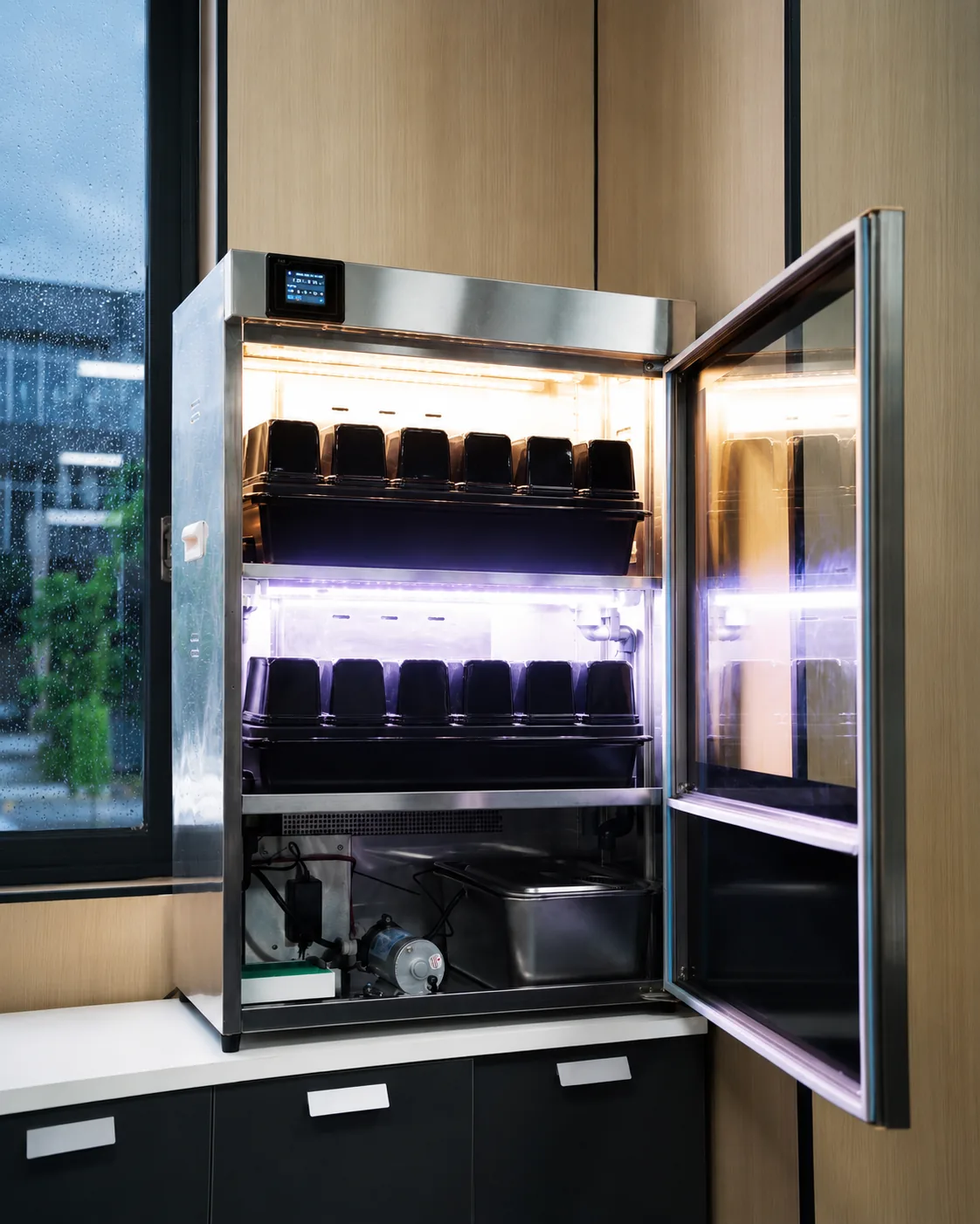 FarmCube Neo 2T internal shelves, LED lighting and aeroponic irrigation system
