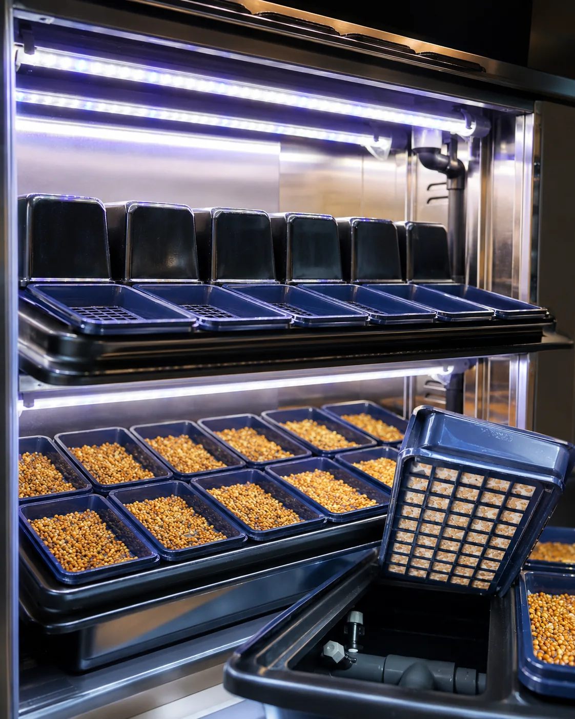 FarmCube Neo 2T punnet trays, growing media and internal irrigation detail