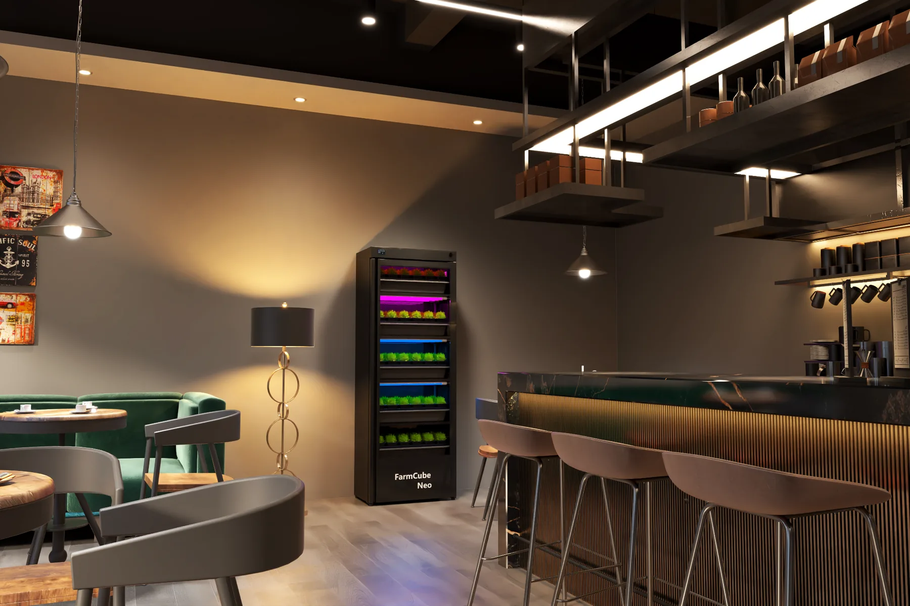 FarmCube Neo 5T microgreens growing cabinet installed inside a premium café and bar