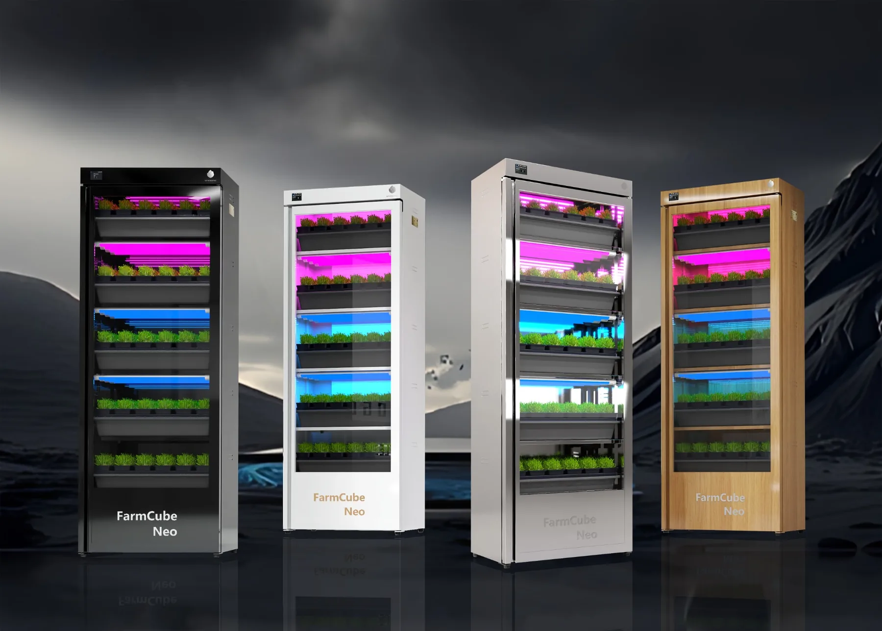 FarmCube Neo 5T cabinet finish options in black, white, stainless steel and wood