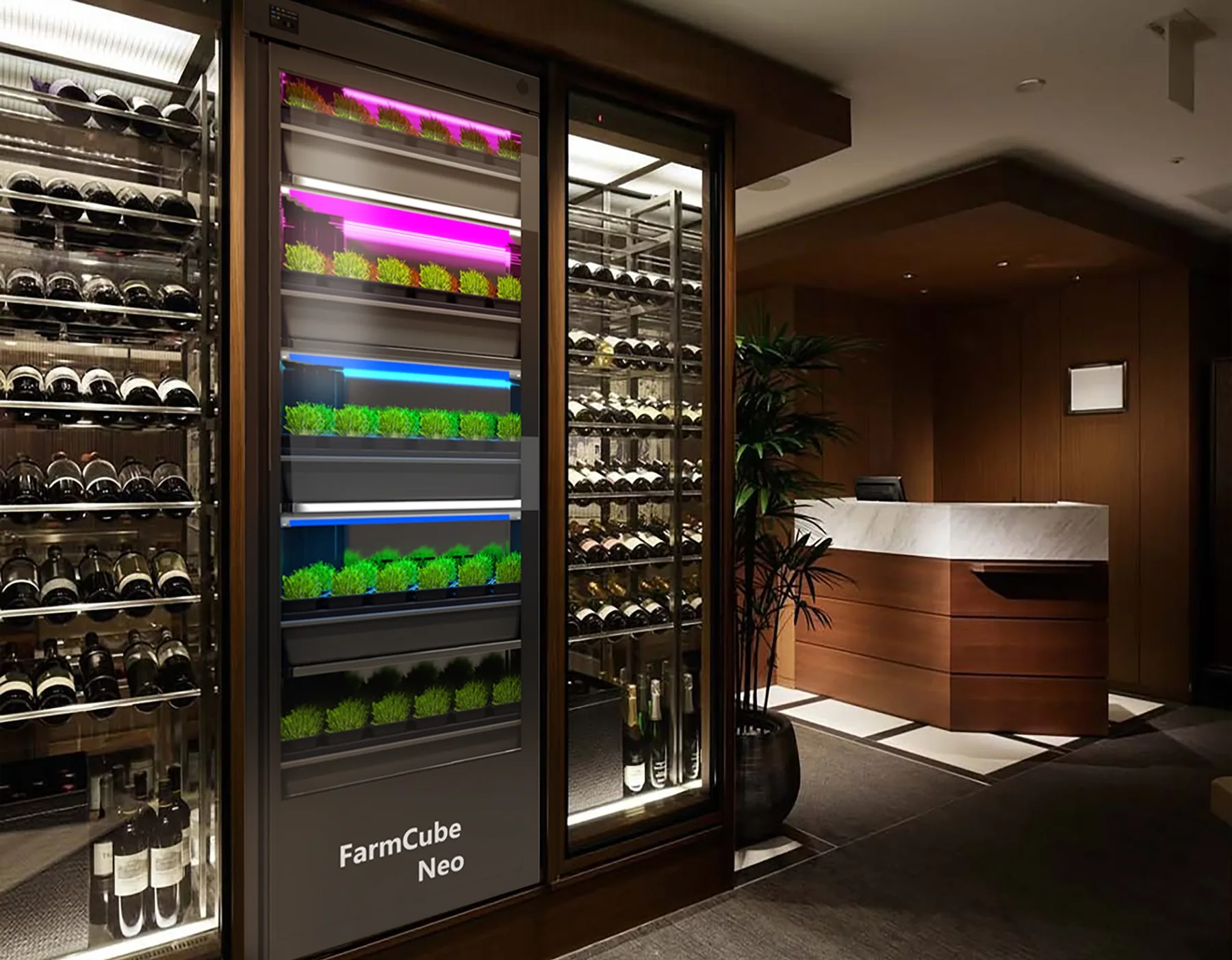 FarmCube Neo 5T microgreens cabinet integrated beside a hotel wine cellar and reception area