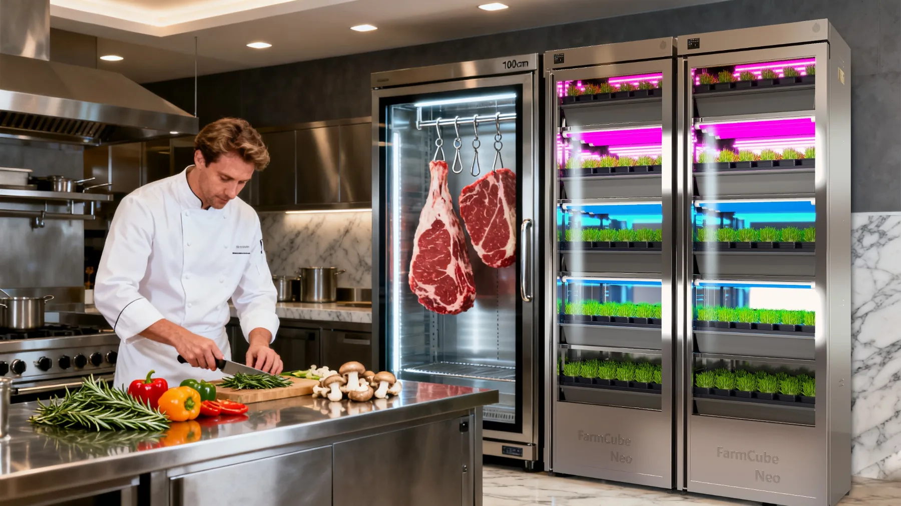 FarmCube Neo 5T professional indoor microgreens grow cabinet in a restaurant kitchen