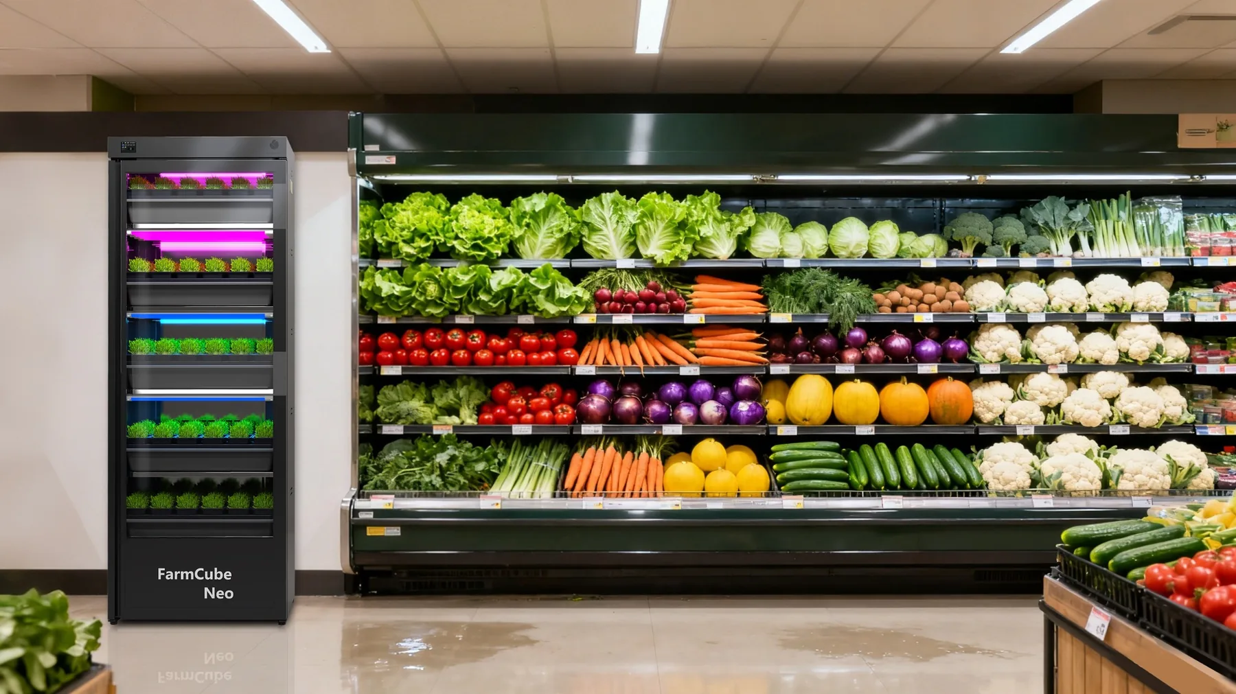 FarmCube Neo 5T vertical microgreens growing cabinet beside a premium retail produce display