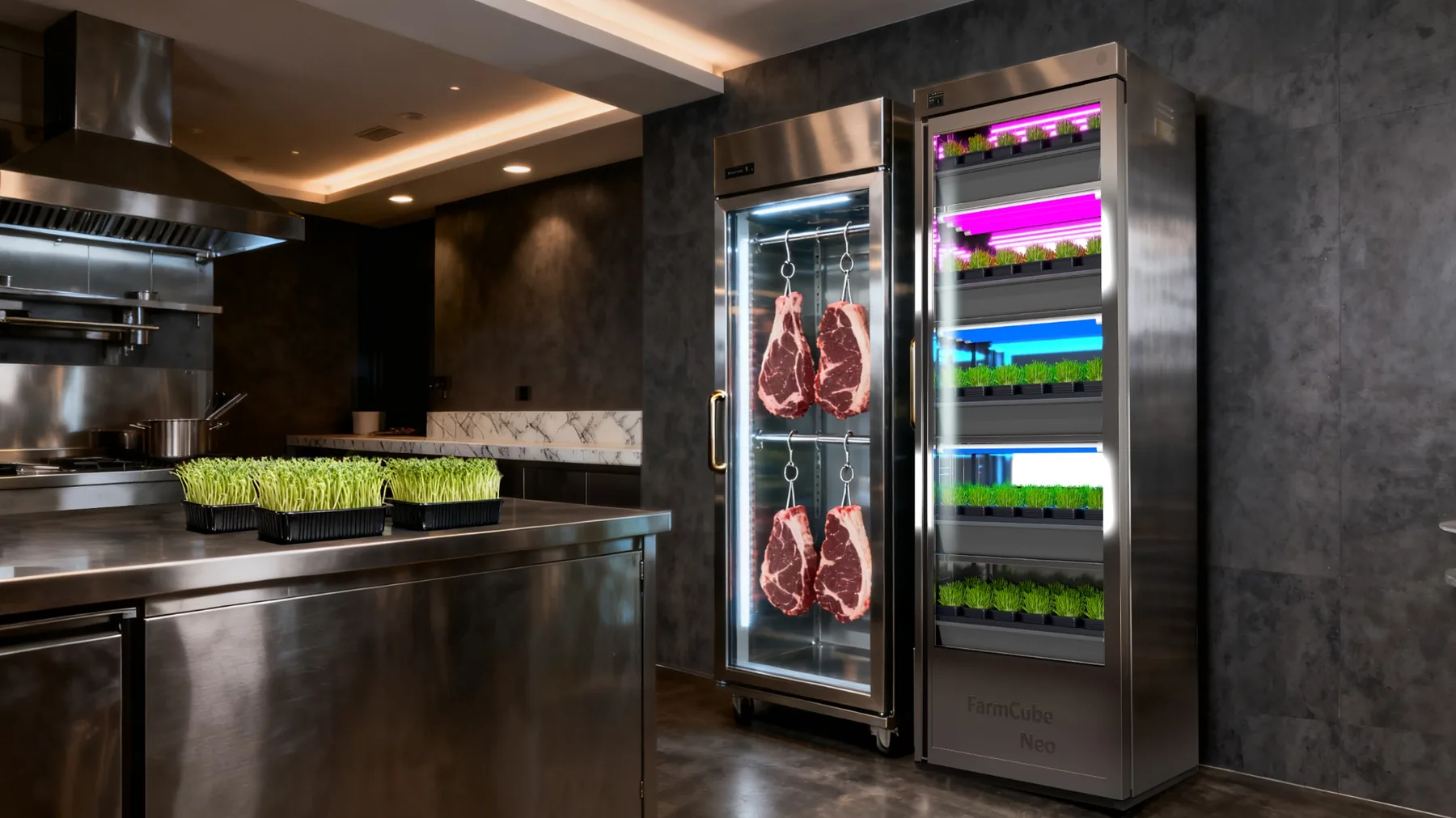 FarmCube Neo 5T microgreens cabinet installed in a professional commercial kitchen