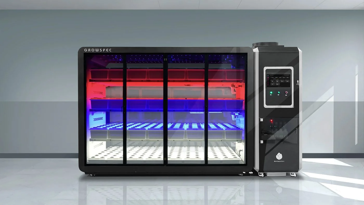 FarmCube Ultra front view product render showing programmable red deep-red and blue LED spectra across 4 growing tiers with APU control unit — Growspec biotech research system