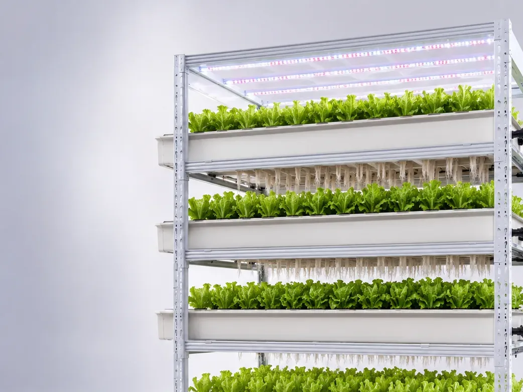 Pegma Germin hydroponic seedling rack with irrigation system and visible root growth detail view