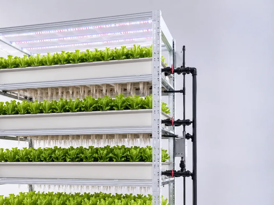 Pegma Germin hydroponic seedling rack with irrigation system and visible root growth detail view