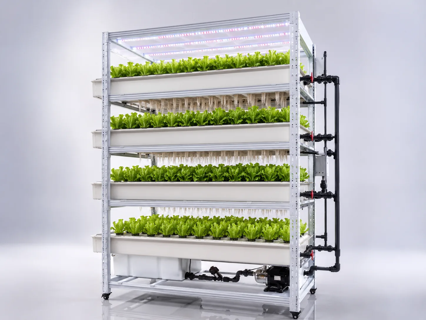 Pegma Germin hydroponic seedling rack with irrigation system and visible root growth