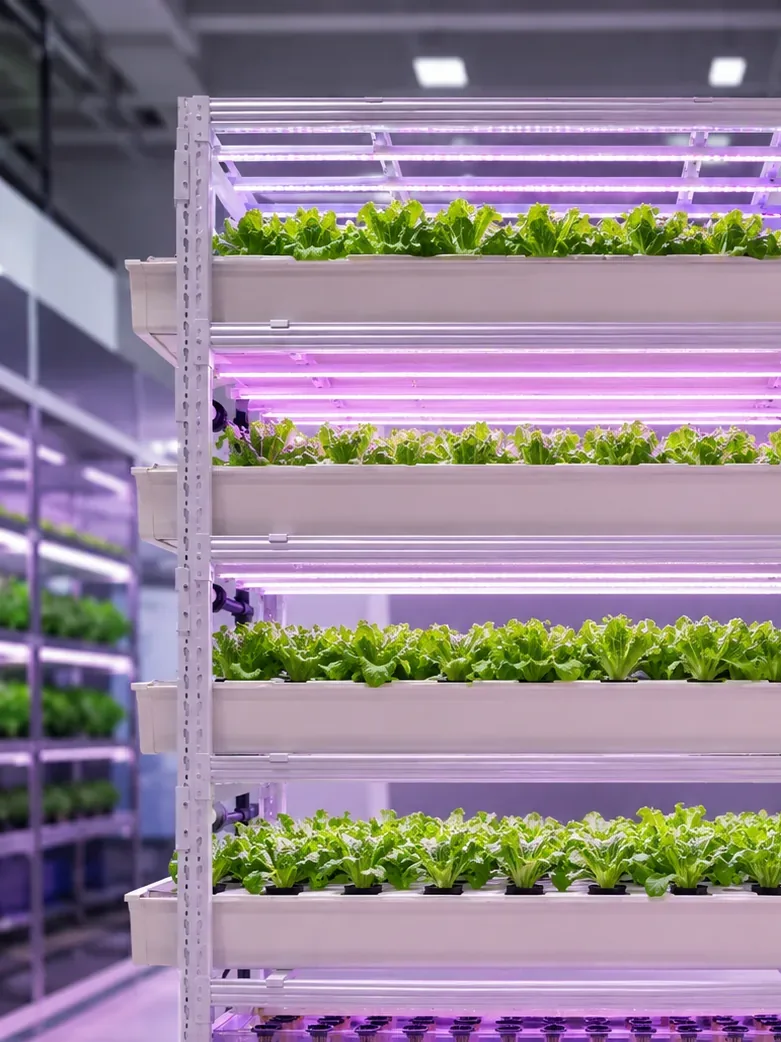 Pegma Germin indoor germination rack for leafy greens with LED lighting and root observation detail view