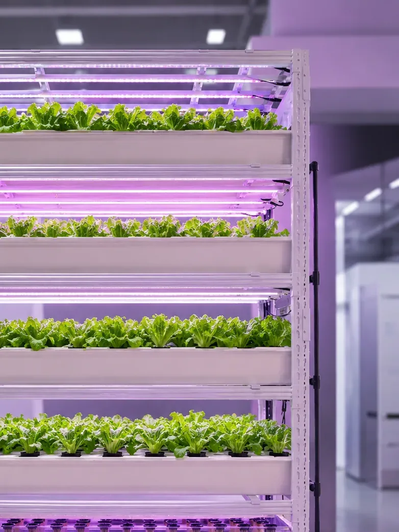 Pegma Germin indoor germination rack for leafy greens with LED lighting and root observation detail view