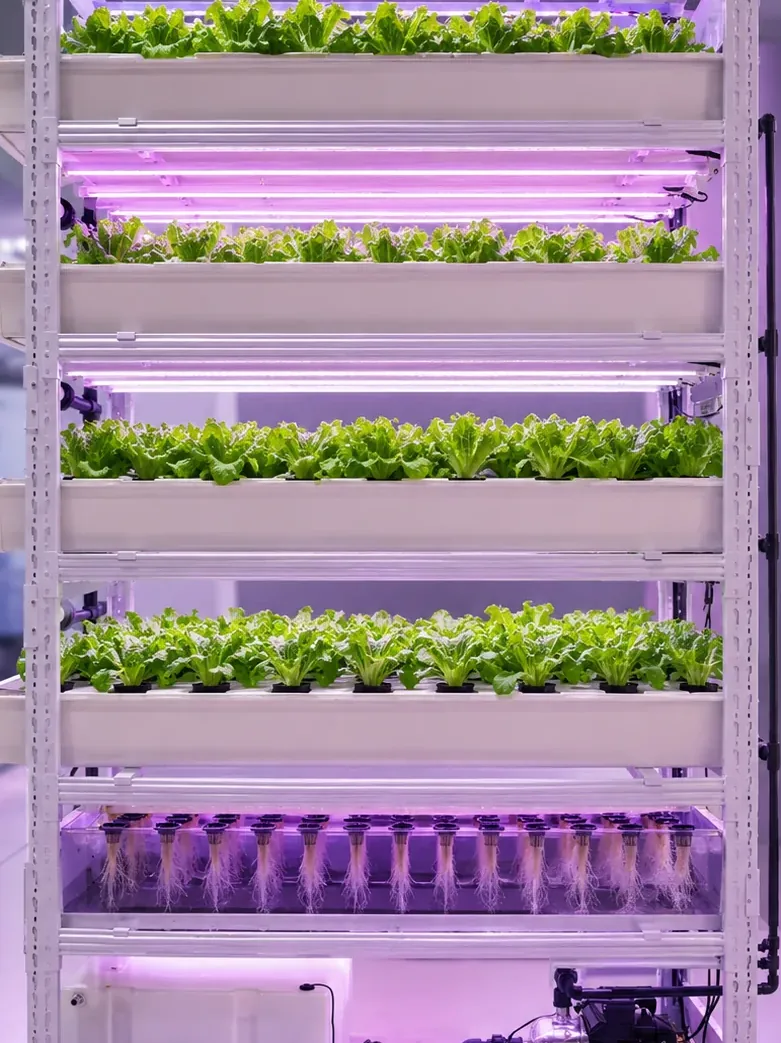 Pegma Germin indoor germination rack for leafy greens with LED lighting and root observation detail view