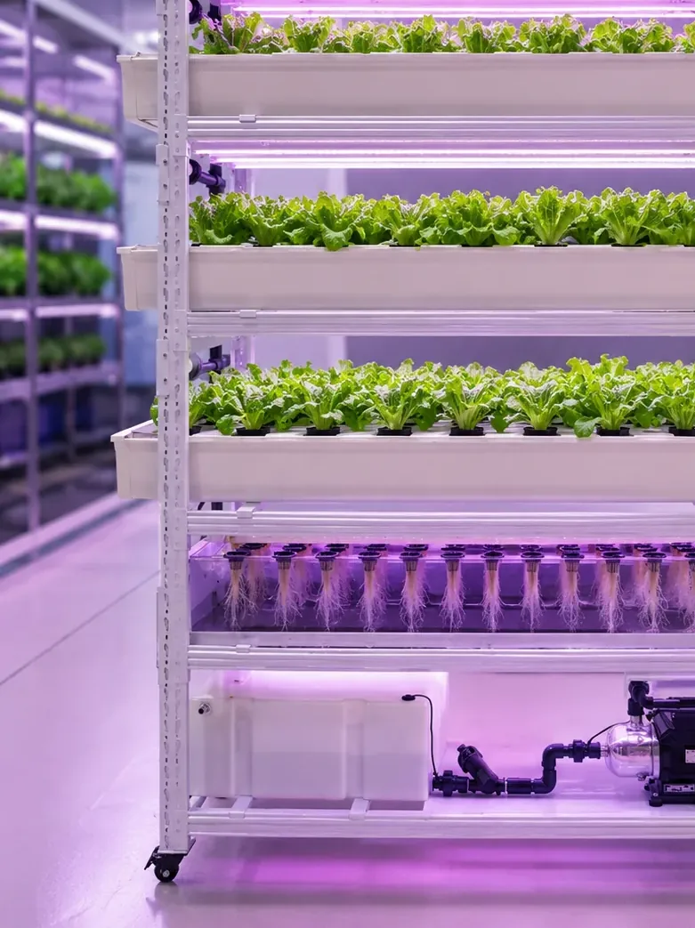 Pegma Germin indoor germination rack for leafy greens with LED lighting and root observation detail view