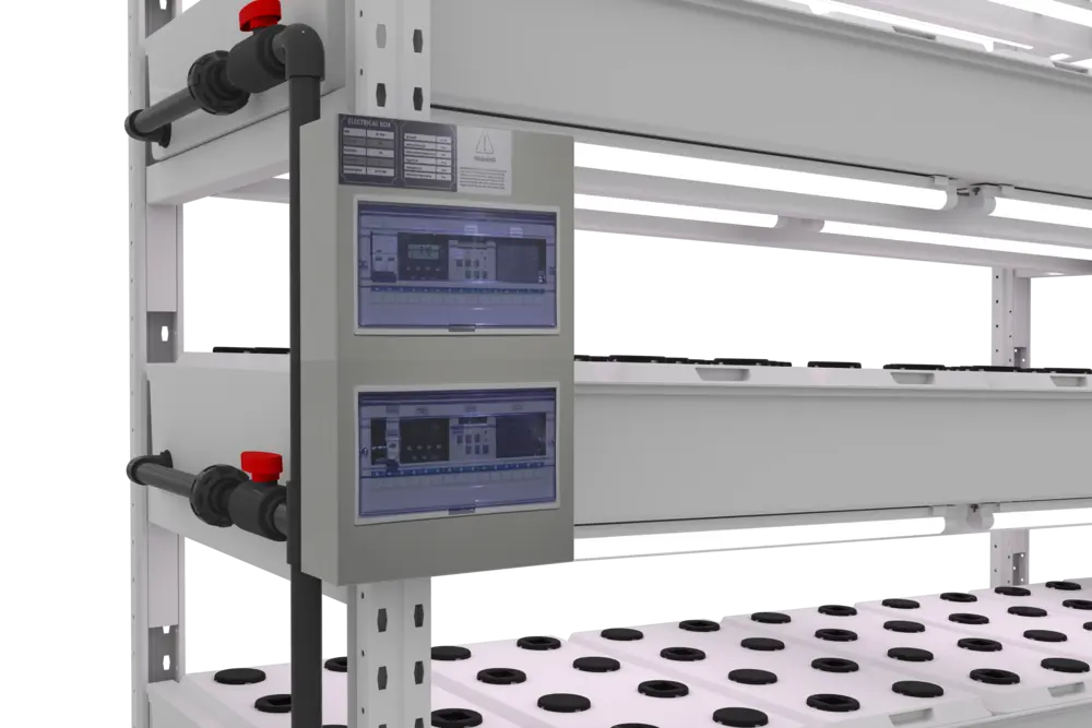 Pegma Germin dual-screen electrical control panel — automation touchscreens for lighting, irrigation, and system monitoring