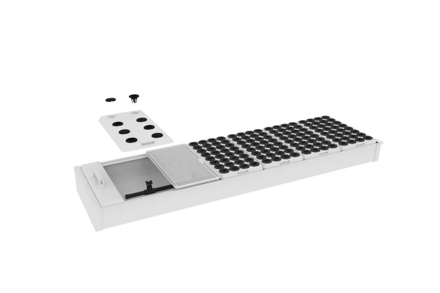 Pegma Germin growing tray exploded view — showing veg tray, microgreens grid, and aeroponic cup inserts