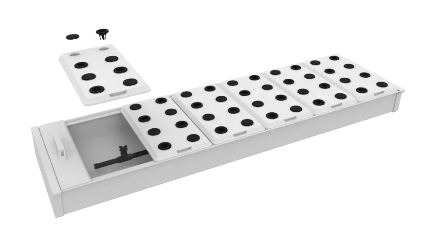 Pegma Germin veg tray exploded view — full tray body with 120-hole microgreens insert, sealing cover, and individual cup caps