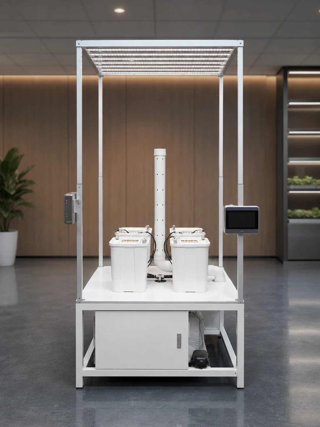 Pegma Omni-4 professional aeroponic grow kit hero with four bucket layout LED canopy and touchscreen control