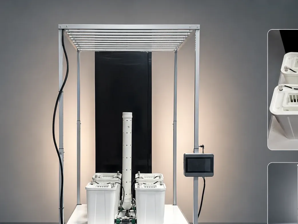 Pegma Omni vertical growing system with modular planting buckets control interface and structural detail views detail view