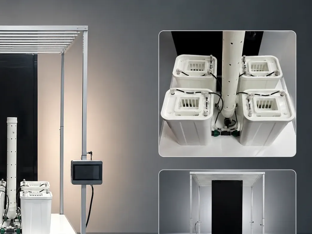 Pegma Omni vertical growing system with modular planting buckets control interface and structural detail views detail view