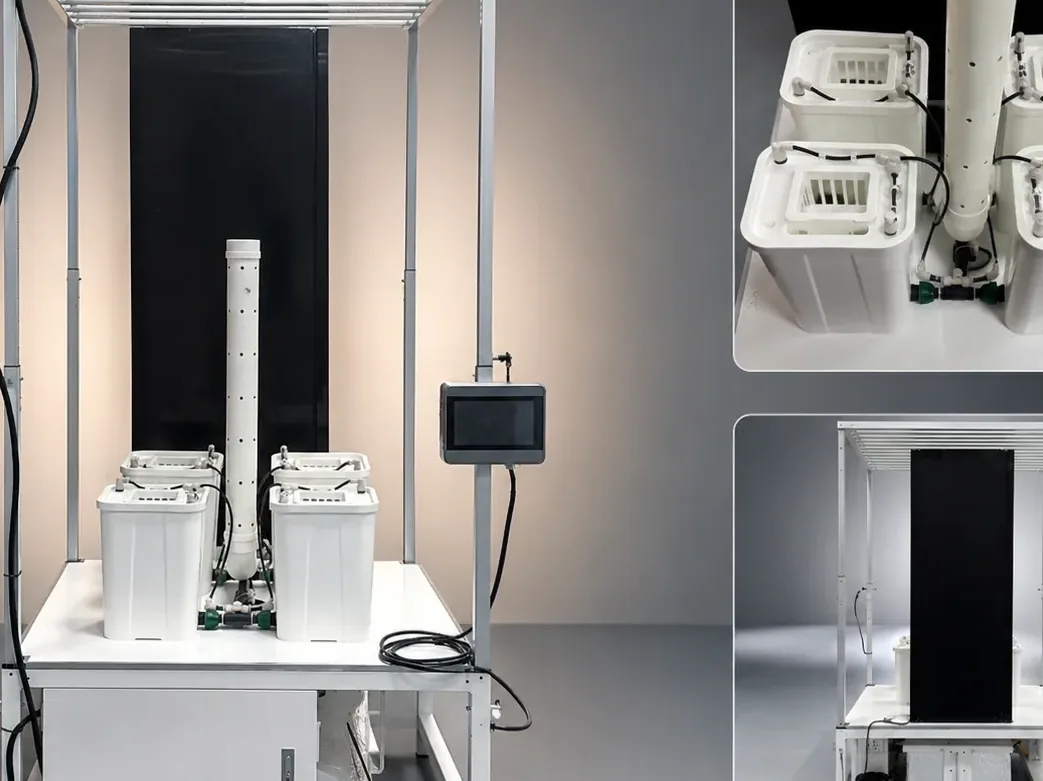 Pegma Omni vertical growing system with modular planting buckets control interface and structural detail views detail view