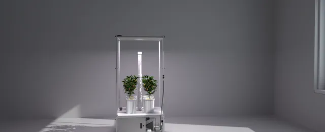 Pegma Omni-4 angled view — 45-degree perspective showing LED canopy, aeroponic buckets, and Growspec control cabinet