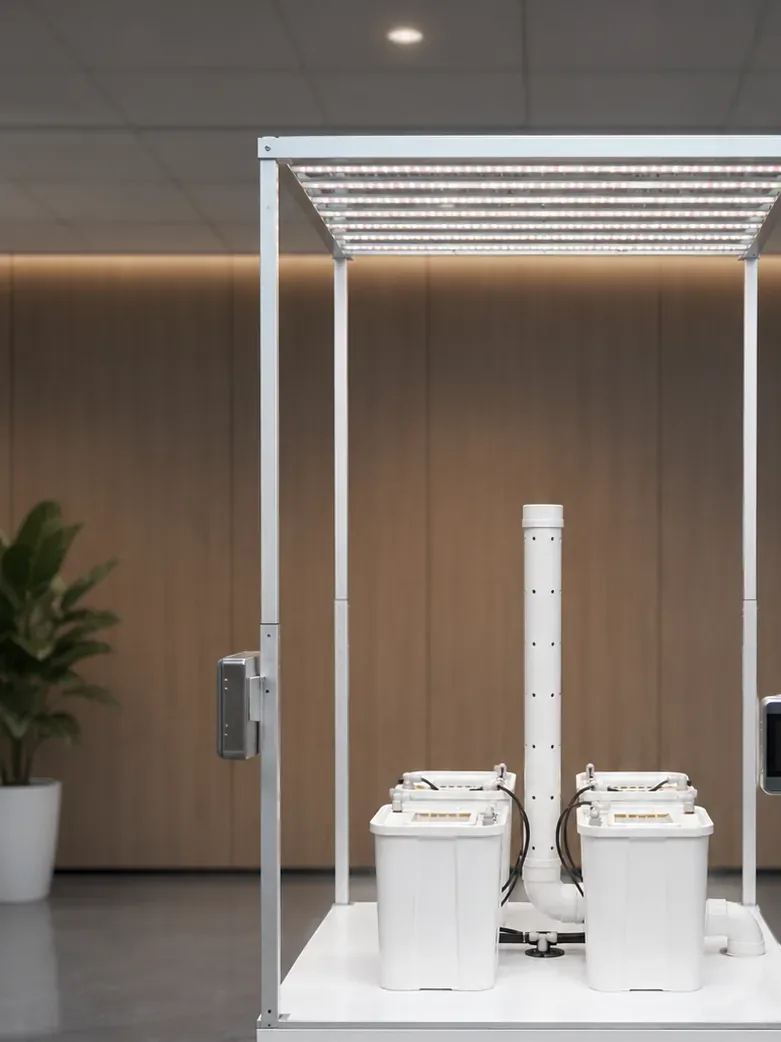 Pegma Omni smart vertical growing system with LED top lighting planting buckets and touchscreen control detail view